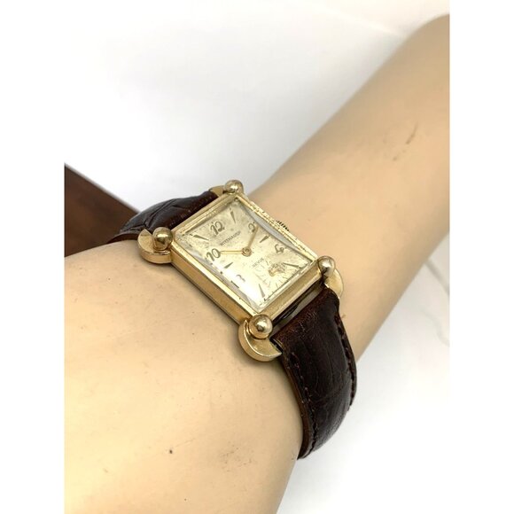 Wittnauer Revue Watch Swiss Mechanical Tank Vintage Gold Brown Leather Band 22mm - Picture 5 of 15